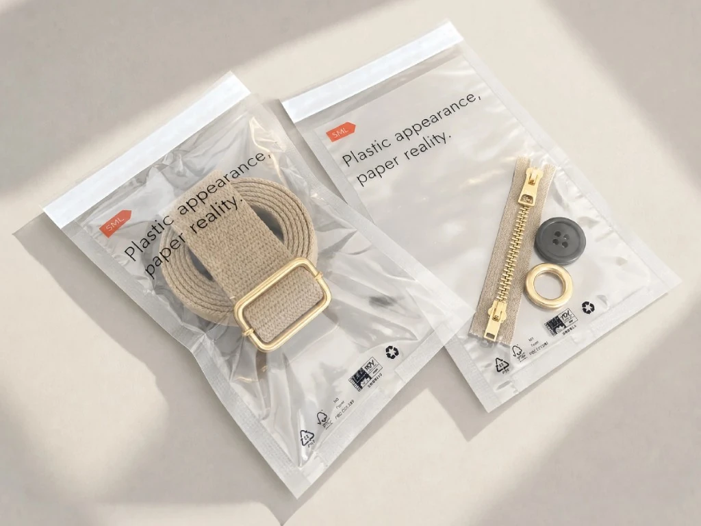Two clear SML Transparent Cellulose Bags holding a beige belt and gold zipper trim, printed Plastic appearance, paper reality