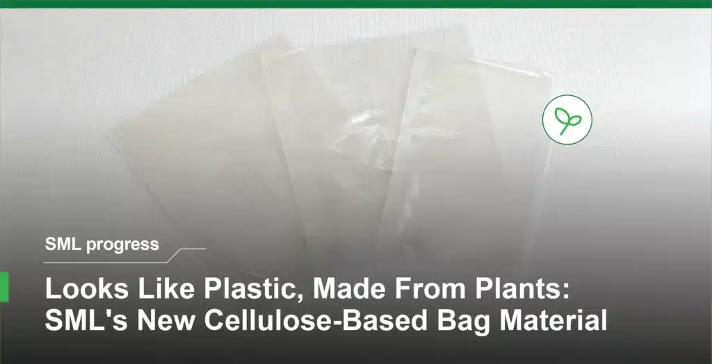 Transparent cellulose-based packaging bags made from plant-derived material, developed by SML as a sustainable alternative to conventional plastic packaging.