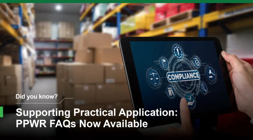Digital compliance management interface displaying PPWR packaging regulation FAQs and supply chain compliance requirements.