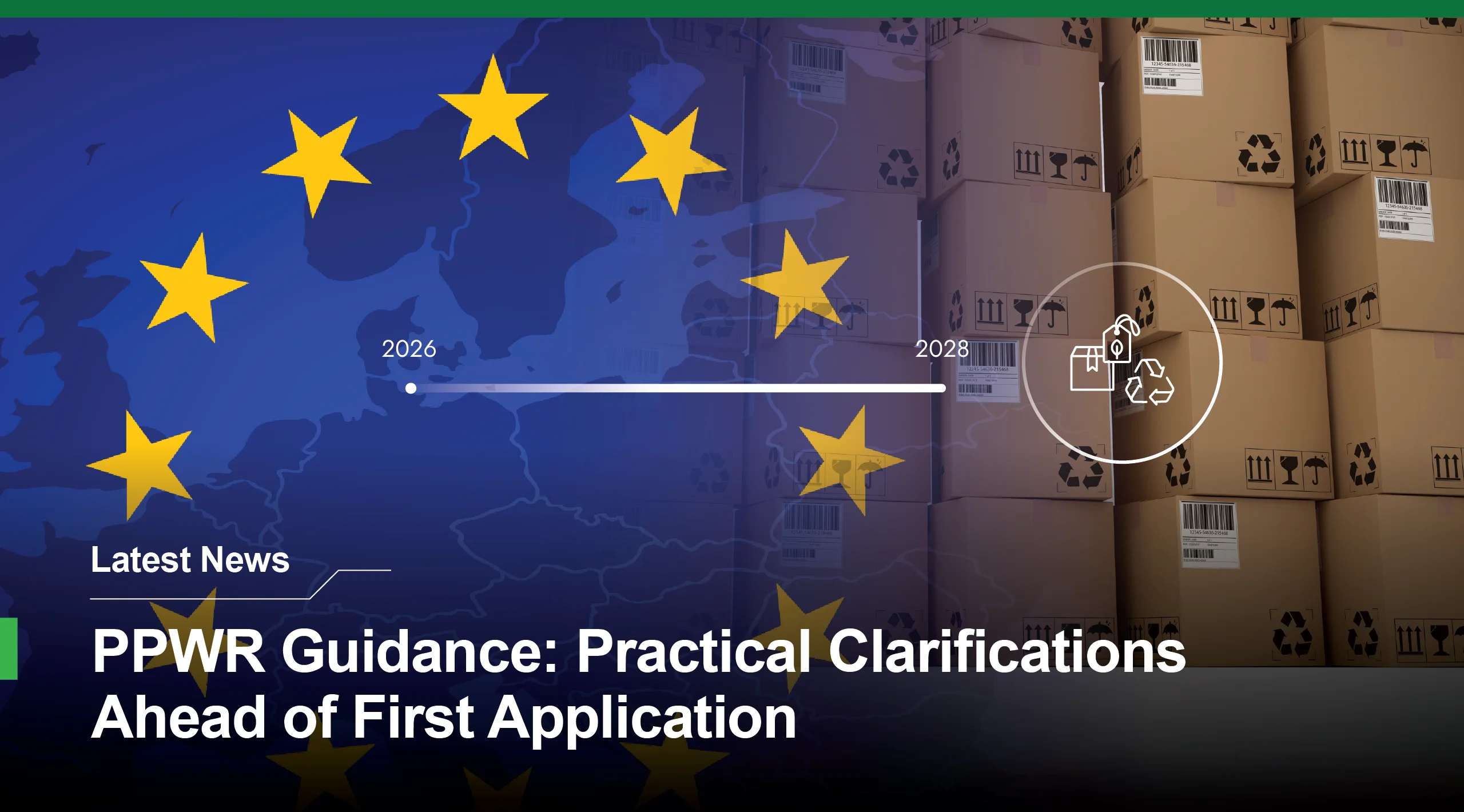 PPWR guidance timeline showing EU packaging regulation transition period from 2026 to 2028 with packaging compliance and recyclability requirements.