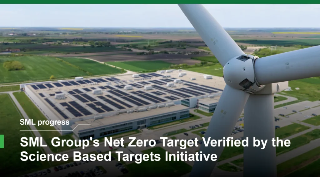 Wind turbine and solar-powered facility representing SML Group's Science Based Targets initiative verified net zero commitment and sustainability progress.