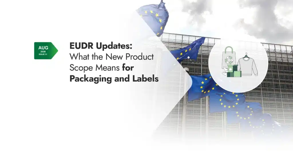 EU flags and sustainable packaging illustration highlighting EUDR updates for packaging and labels