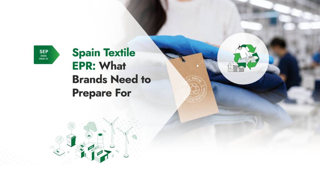 Spain Textile EPR Sustain Newsletter issue 32 cover — recycled textiles, circular economy icons, and what brands need to prepare for